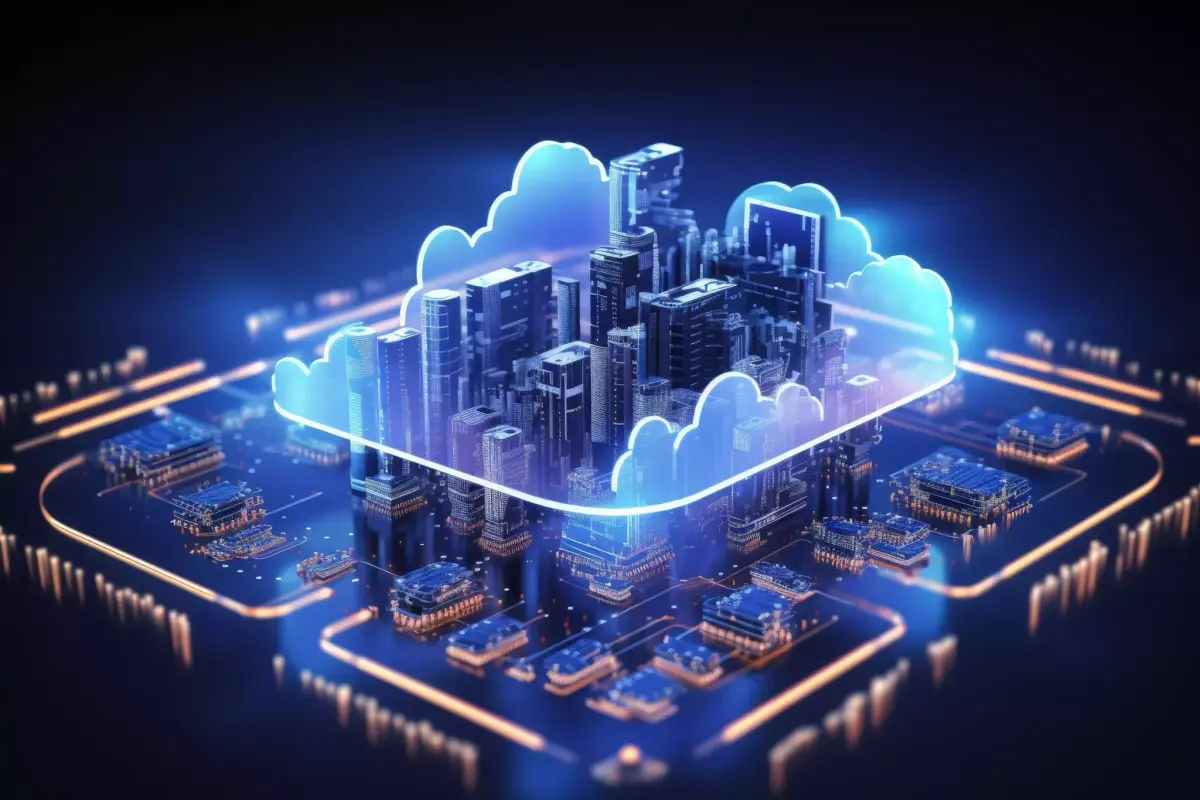 Ilustración de una ciudad digital sobre una plataforma en la nube
