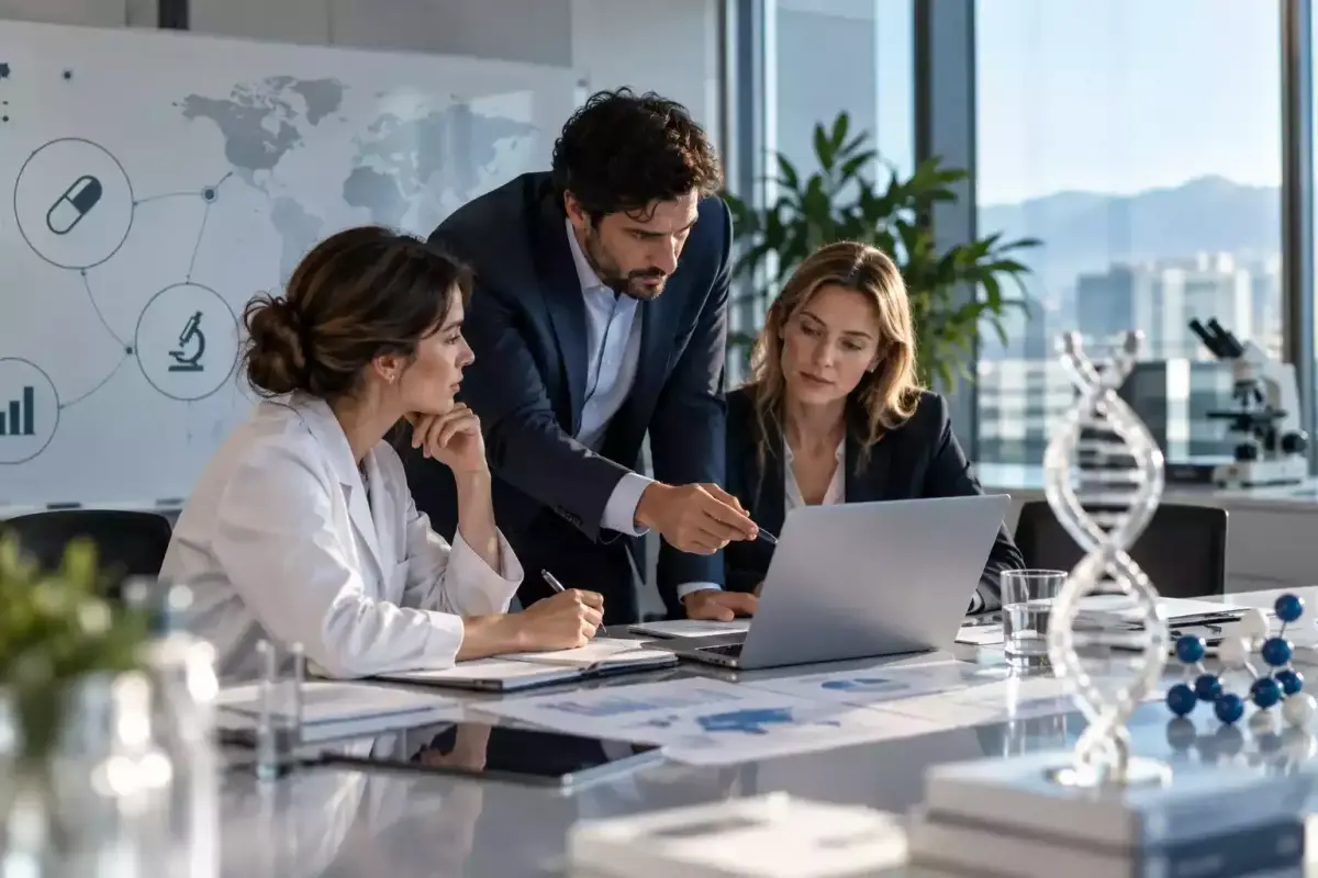 Equipo de consultoría reunido junto a un modelo de ADN