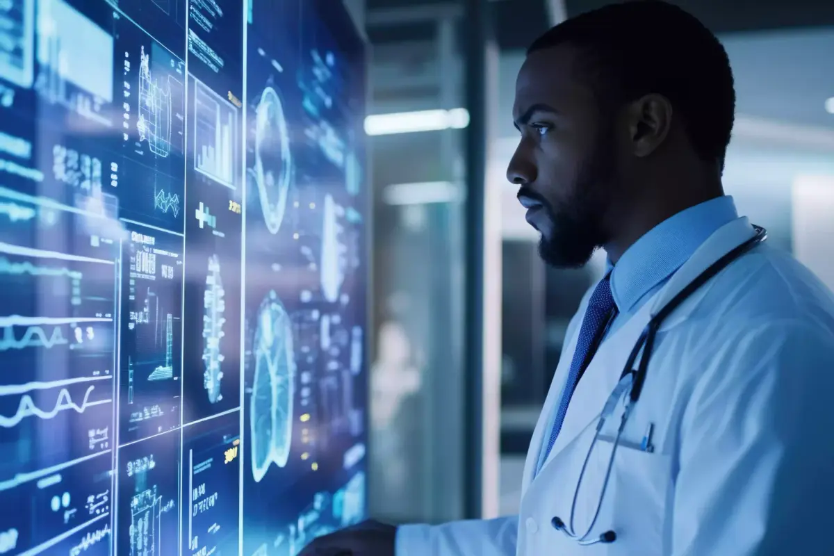 Profesional sanitario analizando datos biomédicos en pantallas digitales