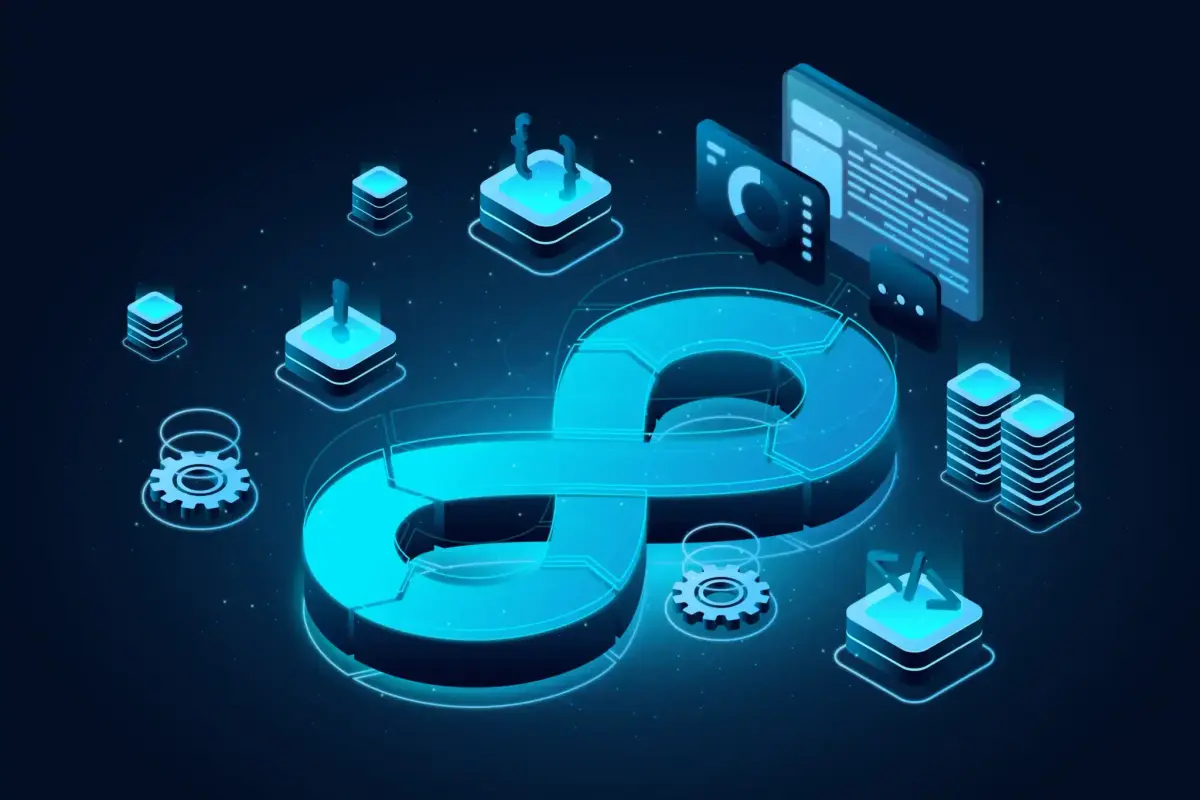 Ilustración del ciclo infinito de DevOps rodeado de servidores